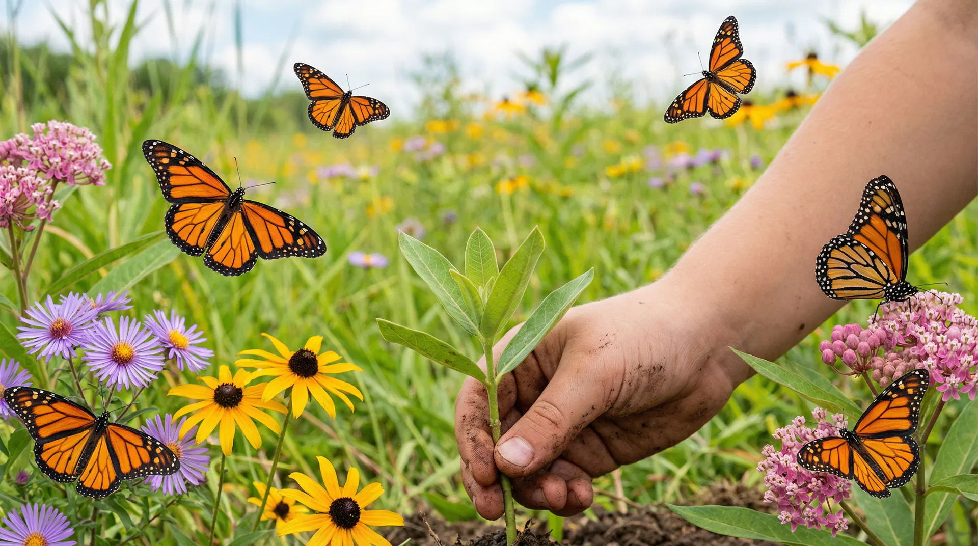 A hand planting milkweed in a restored wildflower meadow with monarch butterflies flying nearby