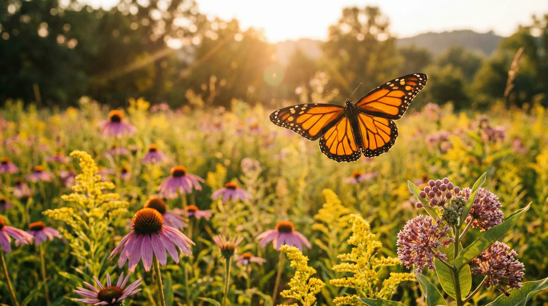 Monarch butterfly soaring over a wildflower meadow at golden hour