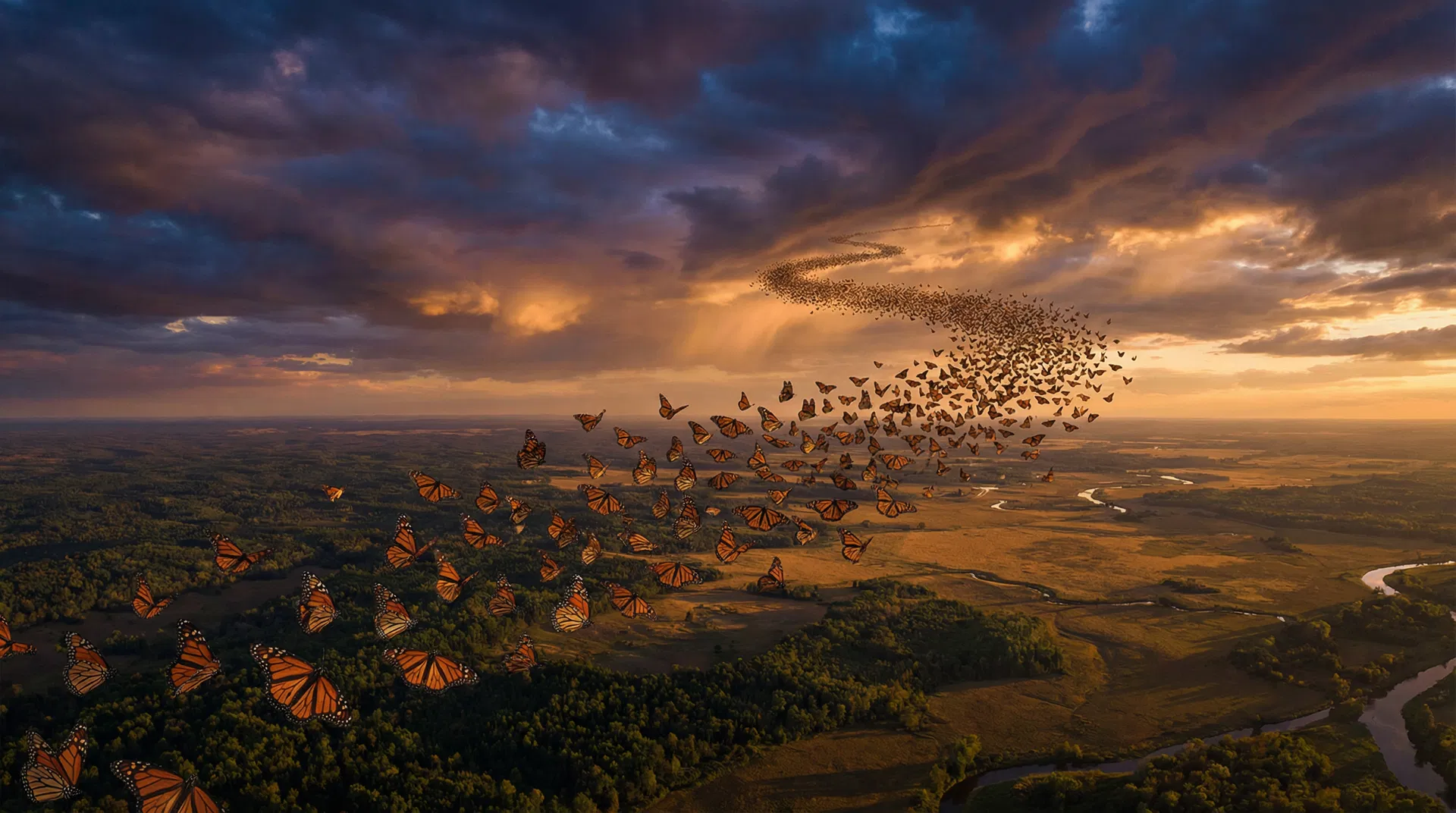 Thousands of monarch butterflies streaming across a dramatic sunset sky during their epic migration